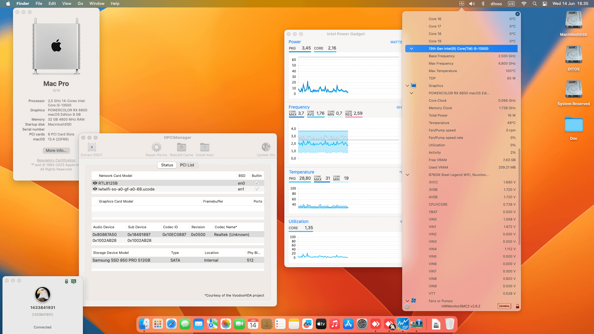 Success Hackintosh macOS Ventura 13.4 Build 22F66 in Asrock B760M Steel Legend Wifi + Intel Core i5 13500 + PowerColor RX 6600